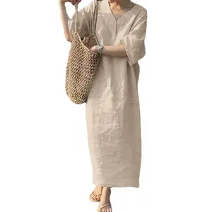 Vestido Tipo Camiseta sin Mangas con Cuello en V para Mujer, Elegante, Informal, Holgado, de Lino, Largo, Personalizado, al por Mayor, ODM/OEM - Product Image 1