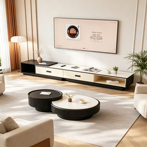 Meuble TV haut de gamme à plateau en marbre bicolore, tiroir coulissant lisse avec rangement dissimulé, console multimédia minimaliste de luxe léger pour salon - Product Image 1