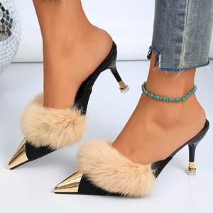 Nouvelles pantoufles en fourrure à bout pointu et talon bas de style coréen pour femmes, chaussures tendance pour l'intérieur et l'extérieur - Product Image 6
