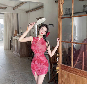 New Chinese Style Modified Cheongsam Dress Red Sheer Bodycon Mini Skirt Mandarin Collar Tie Dye Summer Wear - Product Image 5