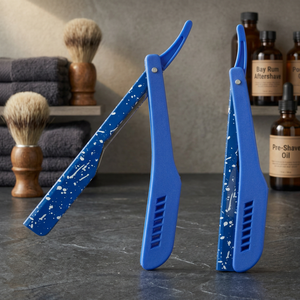 MORGANS INDUSTRIES Blue Folding Straight Razor Speckled <b>Blade</b> Stainless Steel Single <b>Blade</b> <b>Barber</b> Shop Use Stainless Steel - Product Image 1