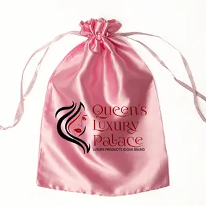 Imballaggio di fasci di capelli neri con Logo personalizzato, sacchetto di immagazzinaggio della parrucca del raso del sacchetto di seta del cordone del sacchetto dei gioielli