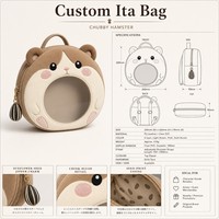 Sac à dos Ita personnalisé en forme de hamster potelé, brodé, joues rosées, visage rebondi, pattes roses, fenêtre transparente ronde, style Kawaii