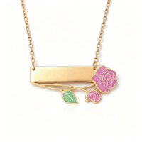 Collier pendentif rose florale vierge en acier inoxydable électroplaqué gravé au laser, barre nominative personnalisable, bijou de fête pour femme, cadeau