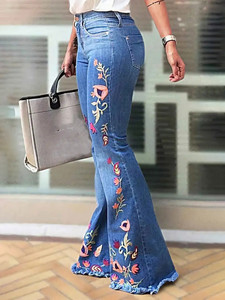 Jeans évasés taille haute pour femmes, pantalon en denim très extensible avec broderie florale colorée - Product Image 3