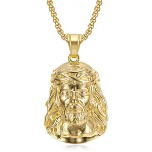 Religious jewelry stainless steel 18k gold plated jesus head pendant necklace
