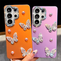 Étui de téléphone de luxe scintillant avec strass et perles en forme de papillon pour Samsung Galaxy S26 Ultra S25 A57, avec cordon, coque de protection IMD en TPU mat