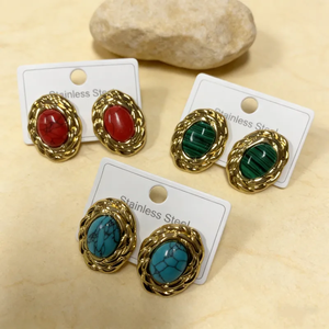 Boucles d'oreilles ovales en acier inoxydable 304 incrustées de pierre œil de chat et de turquoise, électroplaquées sous vide, boucles d'oreilles tendance pour femmes, bijoux - Product Image 2