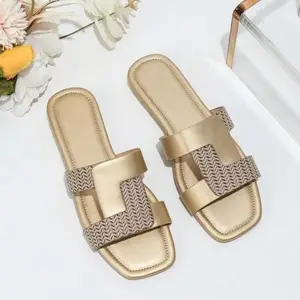 Fashionable Pu Leather High-End Square Head Home Casual Wear Flat Bottom Slippers