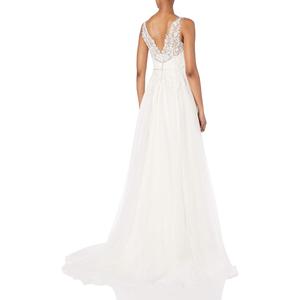 White A-Line Tulle Wedding Dress V-Neck Lace Bodice Natural Waistline Backless Simple Style - Product Image 2