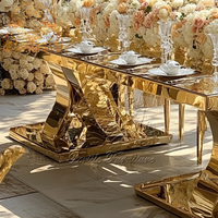 Ensemble table et chaises de salle à manger VIP pour mariage, usage commercial, hôtel, villa, centre événementiel, extérieur, en acier inoxydable doré moderne avec plateau en verre miroir