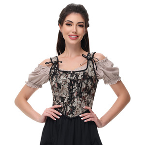 เสื้อครอปเซ็ทสไตล์เรโทรสำหรับผู้หญิง ผ้าแจ็คการ์ด แต่งเชือกผูกด้านหน้าแบบปรับได้ และดีไซน์เปิดไหล่ เหมาะสำหรับชุดสไตล์คอร์ท - Product Image 3