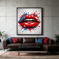Tableau mural carré sur toile, nature morte abstraite, drapeau américain, lèvres, peinture pop art, éclaboussures d'encre rouge et bleue, impression de bouche patriotique, numérique