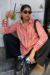 Camisa Roja a Rayas Bordada para Mujer |   Camisa de algodón de corte regular con cuello |   Top Informal y de Fiesta - Product Image 5
