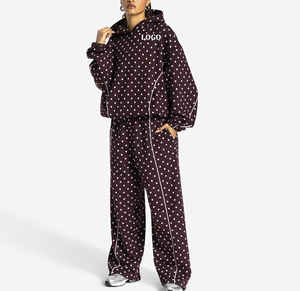 Women All Over Polka Dot Oversized Fit Hooded Tracksuit Full Sleeve 100% Cotton Autumn Casual Wear With Side Pockets - Product Image 1