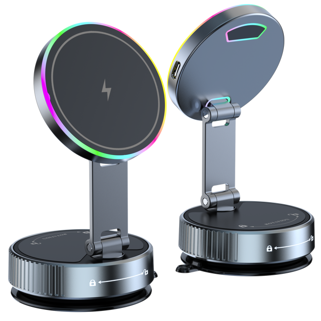 Vacuum Magnetic Suction 15W Wireless Charge Car Phone Holder 360° Rotatable Foldable Phone Mount 2026 New Arrival