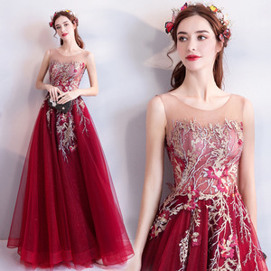 Elegant Burgundy Red A-Line Evening Dress With Floral Embroidery Scoop Neck Empire Waistline For Formal Events - Product Image 1