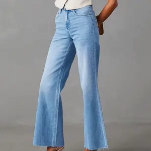 Bayan rahat yüksek bel mavi yıkanmış pantolon, kot yönlü denim 4 renk yeni varış tasarımcı 2023 bayan kot/