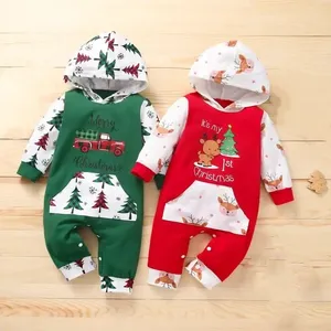 工場カスタマイズクリスマス幼児ベビーロンパース新生児0〜12ヶ月長袖フード付き素敵な卸売ベビージャンプスーツ