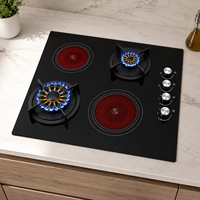 Table de cuisson hybride GPL et électrique avec 2 brûleurs et 2 plaques chauffantes électriques, surface en verre, pour usage domestique et en camping-car