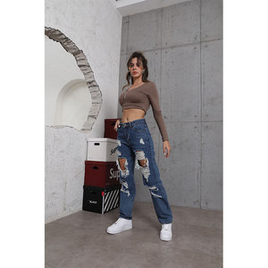 Pantalon droit en tissu à trous en denim personnalisé Jeans pour femmes Pantalons pour femmes Jeans pour femmes - Product Image 3