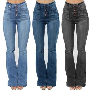 Jeans de Mujer Ajustados con Bolsillos de Parche Desgastados, Estilo Boot Cut, con Botones, Fabricante J0180 - Product Image 1