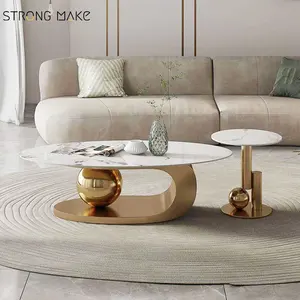 Foshan Furniture Modern mewah emas Couchtisch batu Sintered cocost meja kopi Set marmer Oval meja untuk ruang tamu