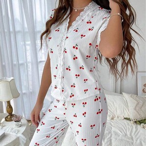 P009 Set Casual da Donna per il Tempo Libero, Pigiama con Bordo in Pizzo, <span class=keywords><strong>Lingerie</strong></span> Stampata Estiva e Autunnale per Uscire - Product Image 6