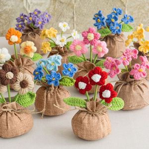Wholesale Custom Handmade Crochet Flower Pot Mini Knitted Potted Plant with Burlap <b>Bag</b> for Home Decor - Product Image 1