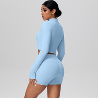 Ensemble de sport 2 pièces pour femme à séchage rapide, effet seconde peau : Veste zippée intégrale et short cycliste taille haute