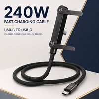 Support de téléphone pliable 2-en-1 avec câble USB-C vers USB-C 240W PD3.1 5A E-Marker 1,5M plat en nylon tressé – Vente en gros