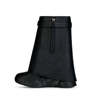 Women Wedge Ankle Boots Black Turn Over High <b>Heel</b> <b>Round</b> <b>Toe</b> Short Female Shark Lock Causal Increasing Height Shoes - Product Image 3
