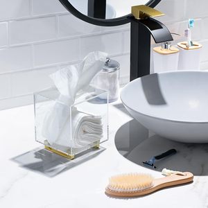 Caja de pañuelos acrílica gruesa, dispensador de caja de pañuelos transparente Rectangular con patas de aluminio chapadas en oro - Product Image 3