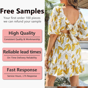 Đầm mini mùa hè boho tay phồng lưng trần, in họa tiết lá, kiểu dáng chữ A, thiết kế riêng cho khách hàng OEM. - Product Image 2