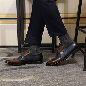 فاخر الدانتيل يصل حذاء رجالي أزرق براون المرقعة النمط الإيطالي وينغيب أكسفورد فستان - Product Image 5