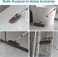 Brosse de nettoyage de sol robuste pliable à long manche, poils rigides, fonction raclette, design pince, essorage pliable, gris