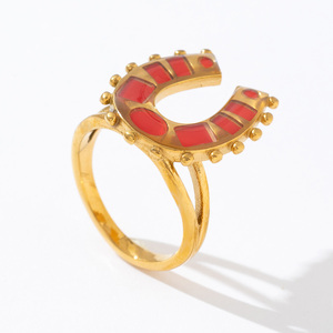 Fashion Celebrity Exquisite Light Luxury Metal <strong>Wedding</strong> Red U Shape <strong>Horseshoe</strong> 18k Gold Dainty Ring Stainless Steel Band - Product Image 1