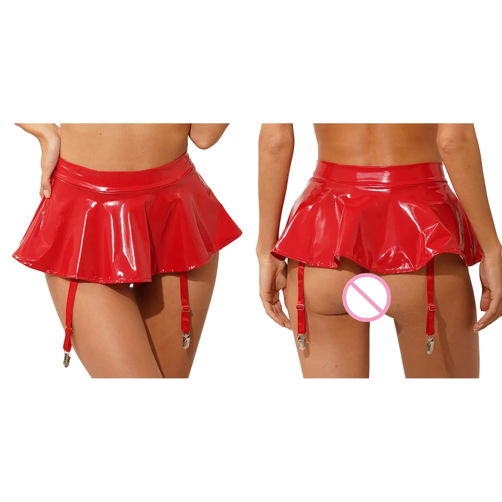 Falda con volantes de charol para mujer, tangas incorporados de Color sólido, liguero con Clips de Metal, minifalda para fiesta y discoteca