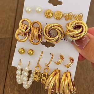 EH019 Juego de 6 Piezas de Aretes de Moda con Perlas Retorcidas y Aros Geométricos, Joyería de Diseño - Product Image 1
