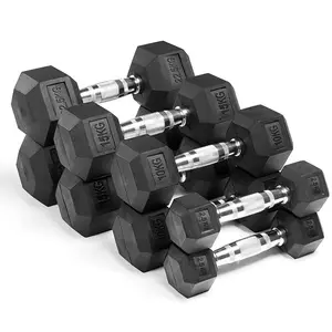 Snbo Zeshoekige Fabrikant Gecoat Volledig Zwart Sportschoolgewicht 2.5-50Kg Pond Dumbells Set Rubberen Hex Halter Met Rek