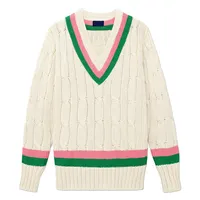 OEM modische Vintage Insigne Patch erhältlich Laine Woll Top benutzer definierte Unisex grün rosa 7GG Baumwolle Zopf muster V-Ausschnitt Pullover