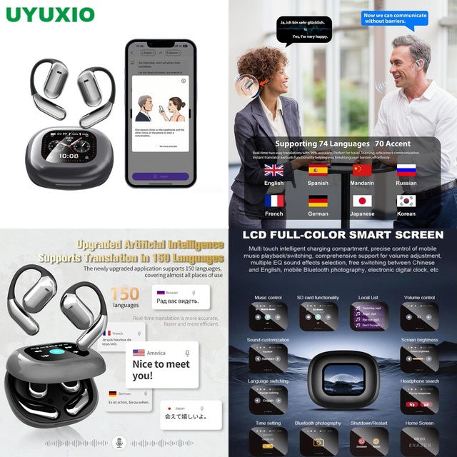 Wireless Translator Earbuds AI Powered International Communication Interactive Smart Screen Real Time Voice Sync Air Conduction