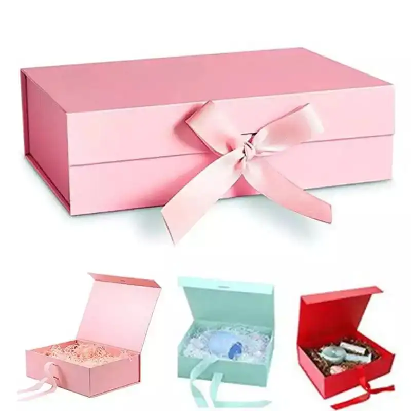 Bow Gift Box Magnetic Flip Packaging Rigid Ribbon Wedding Cardboard Boxes Packaging Bowknot Clamshell Folding Box