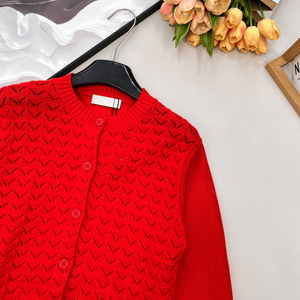 Cárdigan de punto calado para mujer, cuello redondo, con botones, manga larga, suéter informal - Product Image 5