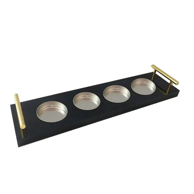 Soporte de luz de té de madera decorativo, 4 vasos de vidrio/Metal, portavelas votivo, bandeja de madera rectangular con Base de tablero de madera/asas de latón