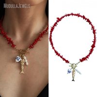 Collier avec pendentif en forme de cœur multi-poissons NM59452, coquillage de corail rouge, collier ras du cou, bijoux bohèmes d'été, cadeau sur le thème de la vie marine
