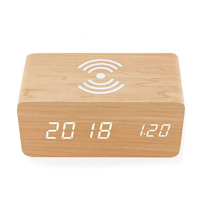 Best gift promotional desk   table clock digital clock wireless charger Phone 5W 10W QI wireless charging wooden LED alarm clock