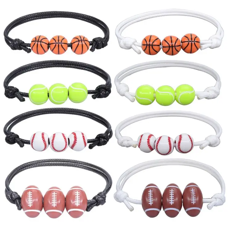 New Fashion water proof Wax Rope Sports Bracelets Acrylic Basketball Tennis Baseball Charm Bracelets