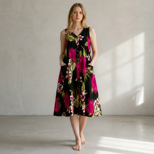 Vestido Casual Transpirable con Estampado Floral, Mangas de Mariposa, Cuello Redondo, Corte en A, Largo hasta el Tobillo, Talla Grande para Mujer, con Bolsillos Delanteros con Botones - Product Image 1