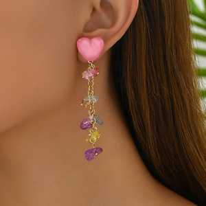 Heart Shaped Drop <b>Earrings</b> With Colorful Crystal Tassels For Women Party Jewelry Zinc Alloy Stainless Steel <b>Post</b> EH4751 3 - Product Image 2